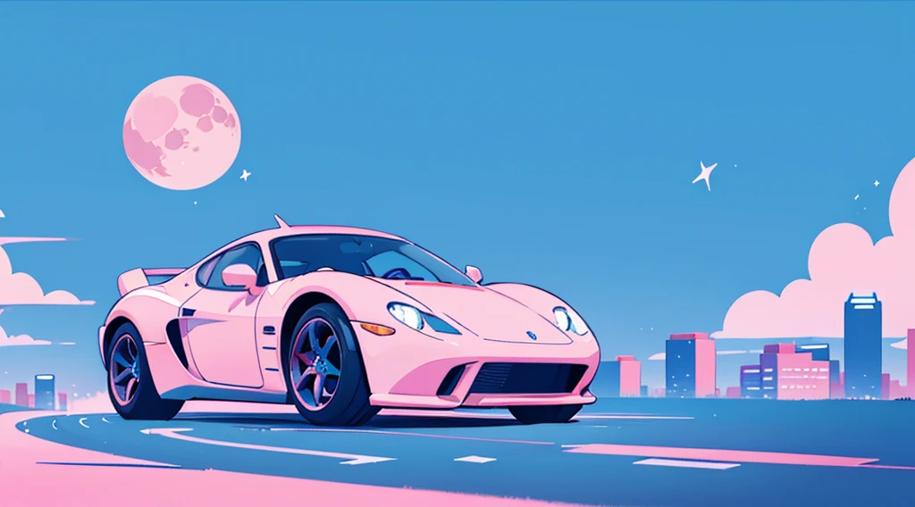 (skyscrapers, pink glowing road, starry blue sky, big moon), (super car), (low contrast, flat color, limited palette)