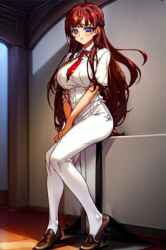 1girl, medium breast, (skinny), long loose hair, light red brown hair, straight hair, french braid, (blunt bangs), hair intakes, long sidelocks, violet eyes, yellow vest, white formal short sleeve shirt, red tie, red skirt with one black stripe, black knee-high socks, brown school shoes, full body