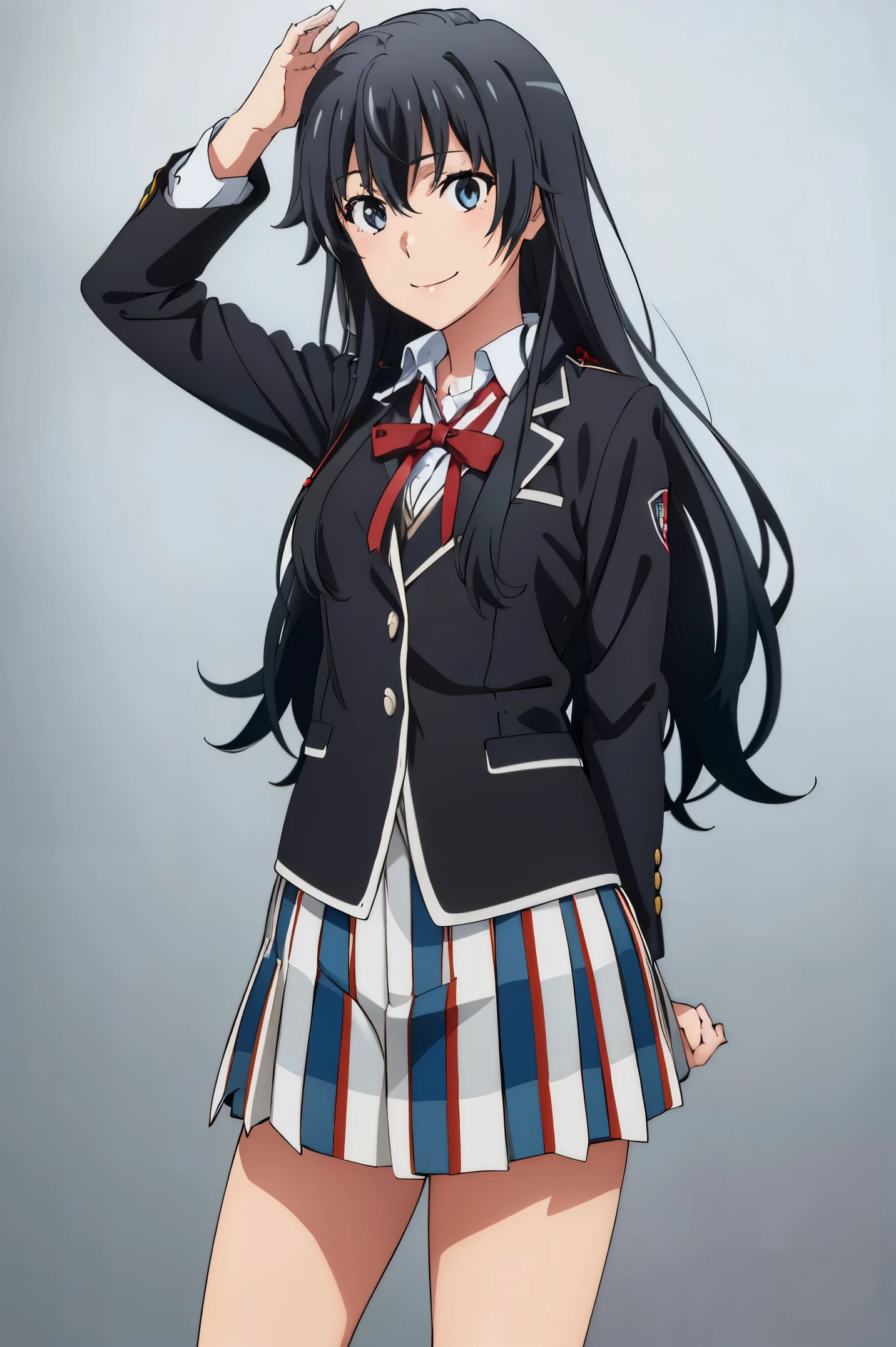 Best quality, masterpiece, highres, 1girl, yukinoshita yukino , school uniform, Plaited skirt, long hair, red ribbon, white shirt, black jacket, high_thighs , boobs, Standing, smile, school background