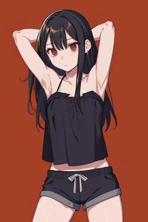 (extremely detailed CG unity 8k wallpaper), (masterpiece), (best quality), (ultra-detailed), (best illustration), (best shadow), (absurdres), 1girl, solo, Chihara, 1girl, solo, black hair, shorts, long hair, looking at viewer, black shorts, arms behind head, contrapposto, spread armpit, camisole, red eyes, breasts, earrings, short shorts,