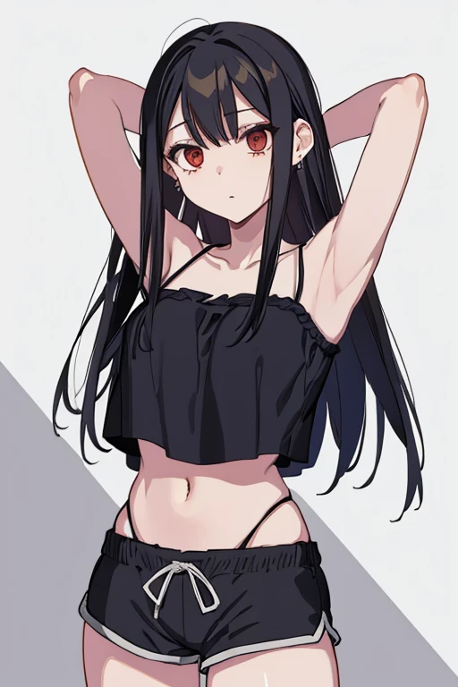 (extremely detailed CG unity 8k wallpaper), (masterpiece), (best quality), (ultra-detailed), (best illustration), (best shadow), (absurdres), 1girl, solo, Chihara, 1girl, solo, black hair, shorts, long hair, looking at viewer, black shorts, arms behind head, contrapposto, spread armpit, camisole, red eyes, breasts, earrings, short shorts,