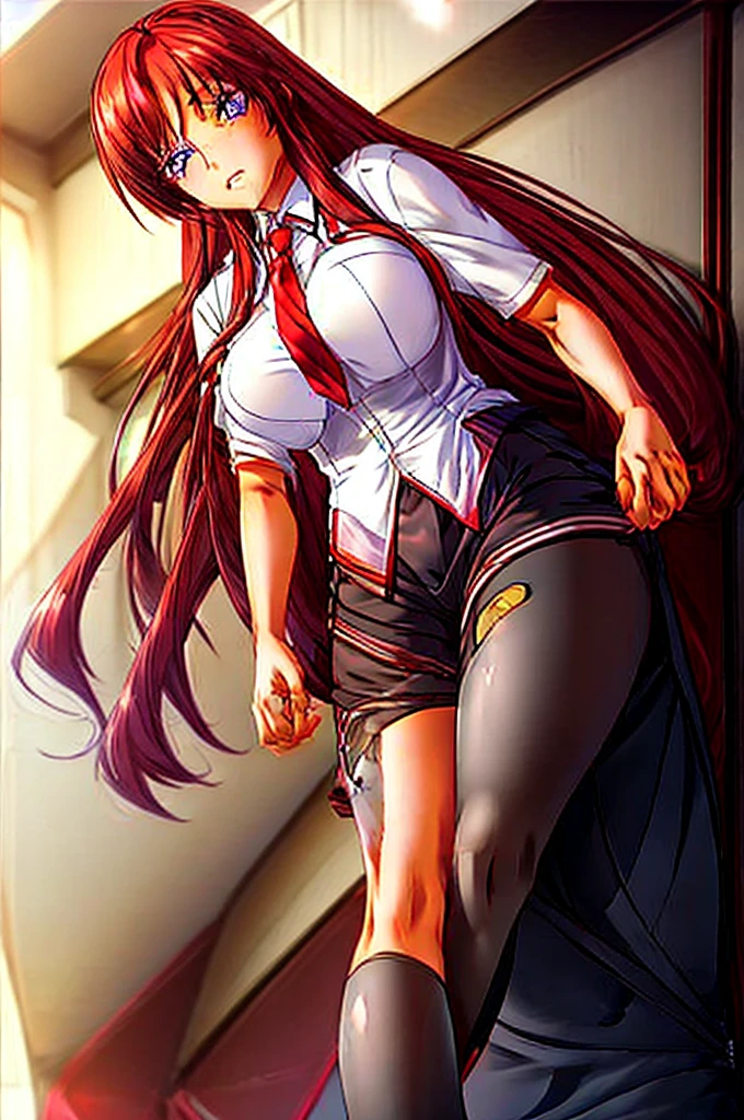 1girl, medium breast, (skinny), long loose hair, light red brown hair, straight hair, french braid, (blunt bangs), hair intakes, long sidelocks, violet eyes, yellow vest, white formal short sleeve shirt, red tie, red skirt with one black stripe, black knee-high socks, brown school shoes, full body