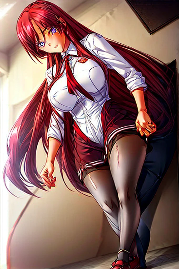 1girl, medium breast, (skinny), long loose hair, light red brown hair, straight hair, french braid, (blunt bangs), hair intakes, long sidelocks, violet eyes, yellow vest, white formal short sleeve shirt, red tie, red skirt with one black stripe, black knee-high socks, brown school shoes, full body