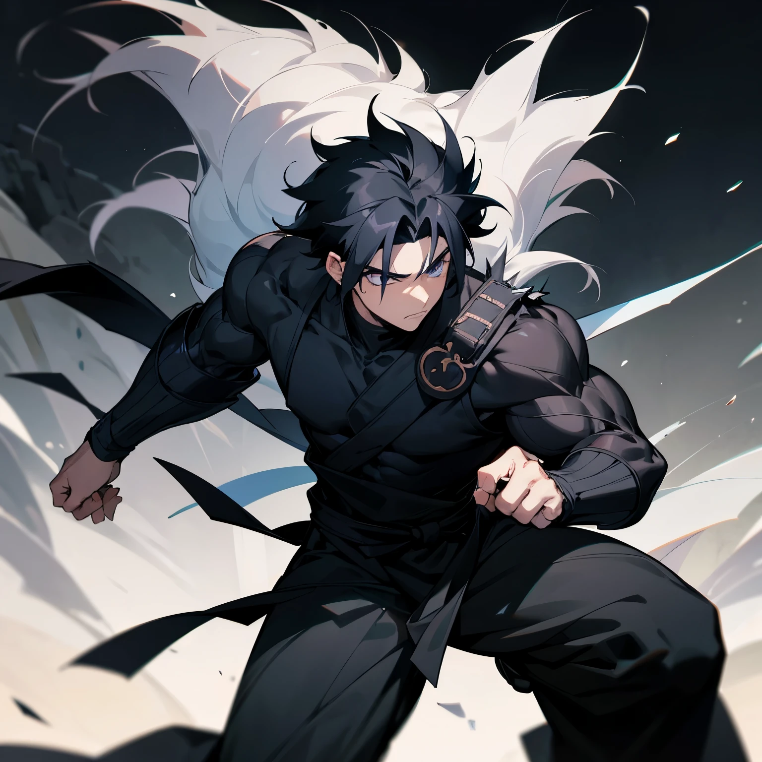1male , Adult Male , Spiky Messy Black Hair , Blue Eyes , Black Combag Clothing ,Ninja Clothing , Long-sleeve ,Muscular Confident Expression , Village Temple Background , Young Male