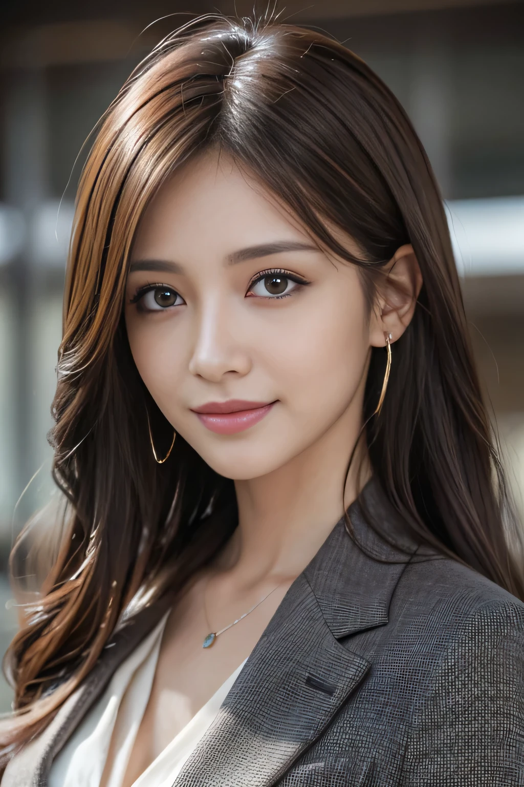 masutepiece, Best Quality, Photorealistic, Ultra-detailed, finely detail, High resolution, 8K Wallpaper, 1 beautiful woman,, light brown messy hair, in a business suit, foco nítido, Perfect dynamic composition, Beautiful detailed eyes, detailed hairs, Detailed realistic skin texture, Smiling, Close-up portrait, Model body type