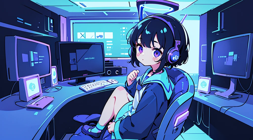 (1 girl, black hair, purple eyes, sailor suit, headphone, sitting in a chair, kawaii), (blue cyberpunk, room with big monitors, blue neon), (low contrast, flat color, limited palette)