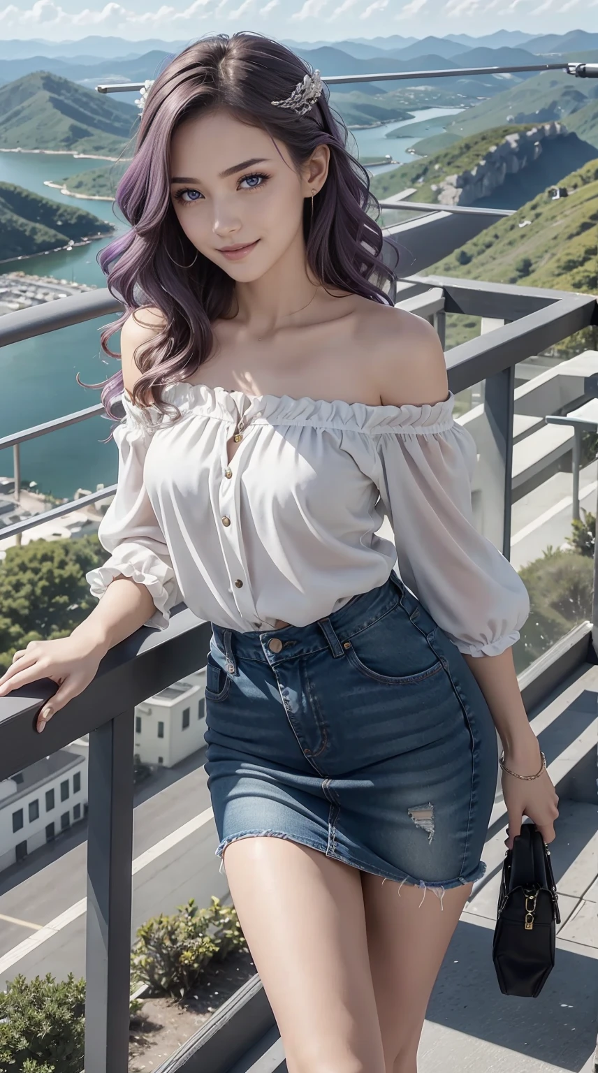24-year-old Caucasian woman、Hair color is a gradation of brunette and purple、Hair is wavy、Eye color is blue、Longhaire、A slender、a smile、Beautiful breasts、A slenderだが均整の取れた細マッチョな身体、wearing an off-shoulder blouse with frills、She's wearing a frilly arm dress、I'm wearing jeans、I'm wearing high heels、I'm on an observation deck on top of a small mountain with a great view in Europe.、I grabbed the railing and looked at the scenery below.、a smile、I'm wearing a hair ornament、setting hair、Hair flutters in the wind