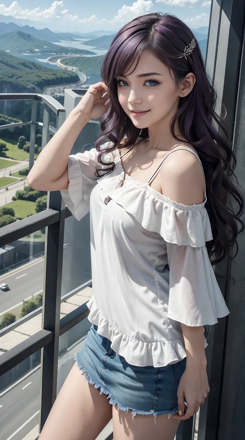 24-year-old Caucasian woman、Hair color is a gradation of brunette and purple、Hair is wavy、Eye color is blue、Longhaire、A slender、a smile、Beautiful breasts、A slenderだが均整の取れた細マッチョな身体、wearing an off-shoulder blouse with frills、She&#39;s wearing a frilly arm dress、I'm wearing jeans、I'm wearing high heels、I&#39;m on an observation deck on top of a small mountain with a great view in Europe.、I grabbed the railing and looked at the scenery below.、a smile、I'm wearing a hair ornament、setting hair、Hair flutters in the wind