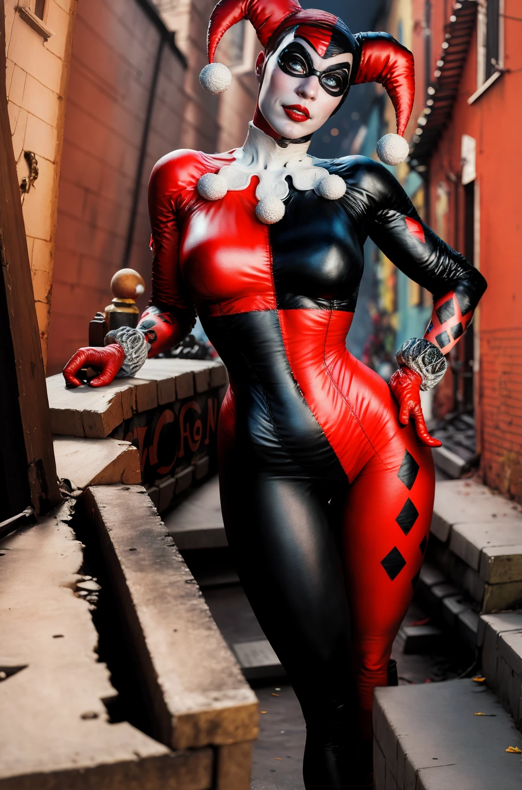 A sexy Harley Quinn from DC Comics. High-resolution artwork, vivid colors, and sharp focus. Extremely detailed face with beautiful eyes, detailed lips, and long eyelashes. Emphasize her mischievous grin and playful expression. She is wearing her iconic red and black jester outfit, with a mini-dress, fishnet stockings, and black boots. Her outfit should be vibrant and eye-catching. The background should be a dark and moody Gotham City alley with hints of neon lights and graffiti. Captivate the essence of her character, her both seductive and dangerous. The artwork should have a comic book style, with bold lines and exaggerated features, sexy, naughty, rear view