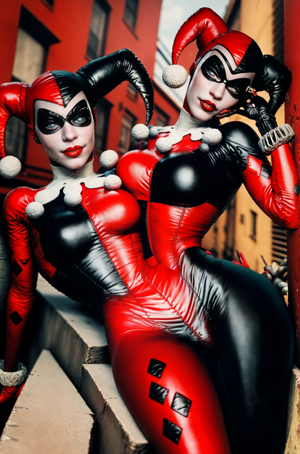 A sexy Harley Quinn from DC Comics. High-resolution artwork, vivid colors, and sharp focus. Extremely detailed face with beautiful eyes, detailed lips, and long eyelashes. Emphasize her mischievous grin and playful expression. She is wearing her iconic red and black jester outfit, with a mini-dress, fishnet stockings, and black boots. Her outfit should be vibrant and eye-catching. The background should be a dark and moody Gotham City alley with hints of neon lights and graffiti. Captivate the essence of her character, her both seductive and dangerous. The artwork should have a comic book style, with bold lines and exaggerated features, sexy, naughty, rear view