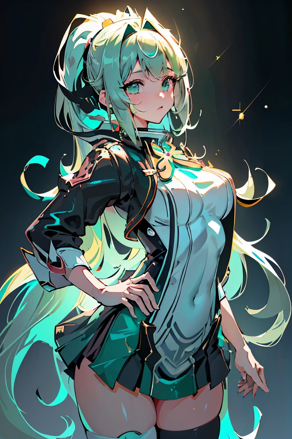 Anime, Girl, (((1girl))), (((Waifu, Xenoblade Chronicles 2, Pneuma Waifu))), Techwear, (((Seafoam Green Hair, Long Hair))), ((Seafoam Green Eyes eyes:1.3, Upturned Eyes: 1, Perfect Eyes, Beautiful Detailed Eyes, Gradient eyes: 1, Finely Detailed Beautiful Eyes: 1, Symmetrical Eyes: 1, Big Highlight On Eyes: 1.2, Hoshino Ai's Star Eyes)), (((Lustrous Skin: 1.5, Bright Skin: 1.5, Skin Fair, Shiny Skin, Very Shiny Skin, Shiny Body, Plastic Glitter Skin, Exaggerated Shiny Skin, Illuminated Skin))), (Detailed Body, (Detailed Face)), Young, Idol Pose, (Best Quality), Shirt, Loose Skirt, Stockings, Garterbelt, Modest Clothing, Skin Covered, Cute Disposition, High Resolution, Sharp Focus, Ultra Detailed, Extremely Detailed, Extremely High Quality Artwork, (Realistic, Photorealistic: 1.37), 8k_Wallpaper, (Extremely Detailed CG 8k), (Very Fine 8K CG), ((Hyper Super Ultra Detailed Perfect Piece)), (((Flawlessmasterpiece))), Illustration, Vibrant Colors, (Intricate), High Contrast, Selective Lighting, Double Exposure, HDR (High Dynamic Range), Post-processing, Background Blur