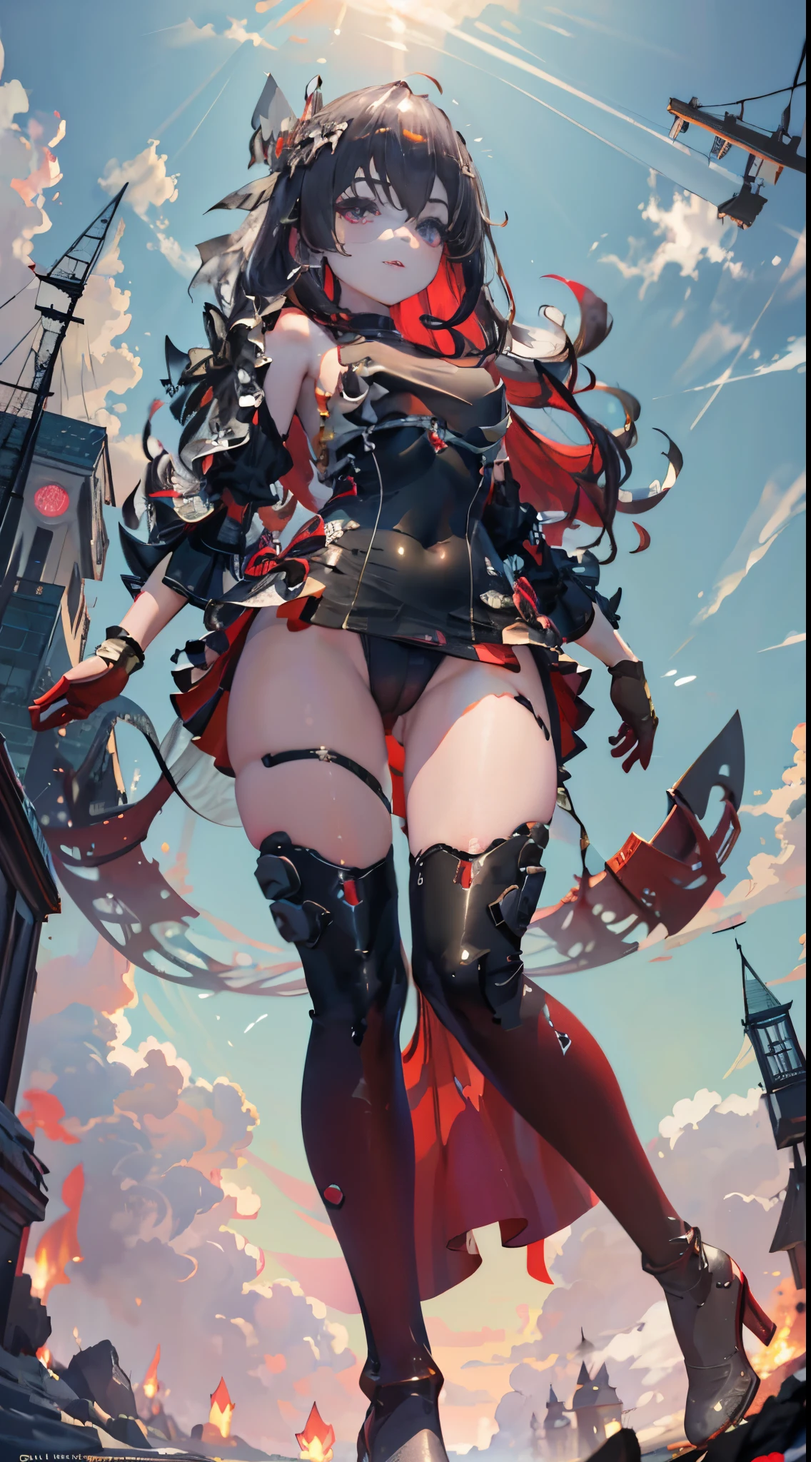 masutepiece, Best Quality,Squat ,Crab crotch,leotard,highleg, Elegant, 1girl in, thigh high boots, well-muscled,Cute, blushed, Looking at Viewer, From above,, Mini skirt, White and black striped T-shirt, Blue eyes, Beautiful eyes, Beautiful background, light Particle, Sun rays, Dramatic Lighting, Outside, shiny, Realistic, masutepiece, Best Quality, Ultra-detailed, Detailed, Scenery, Beautiful detailed eyes, detailed hairs