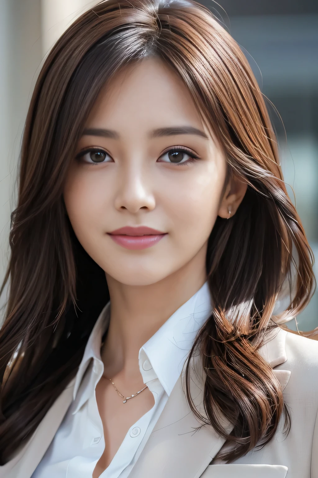 masutepiece, Best Quality, Photorealistic, Ultra-detailed, finely detail, High resolution, 8K Wallpaper, 1 beautiful woman,, light brown messy hair, in a business suit, foco nítido, Perfect dynamic composition, Beautiful detailed eyes, detailed hairs, Detailed realistic skin texture, Smiling, Close-up portrait, Model body type