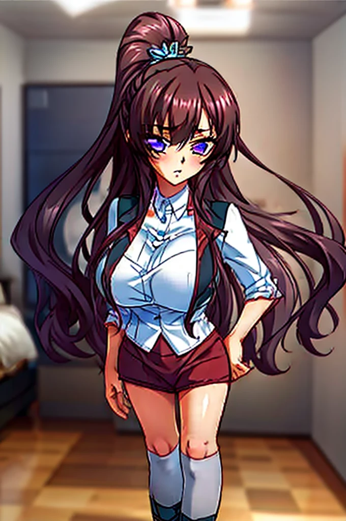 1girl, medium breast, (skinny), long loose hair, light red brown hair, straight hair, french braid, (blunt bangs), hair intakes, long sidelocks, violet eyes, yellow vest, white formal short sleeve shirt, red tie, red skirt with one black stripe, black knee-high socks, brown school shoes, full body