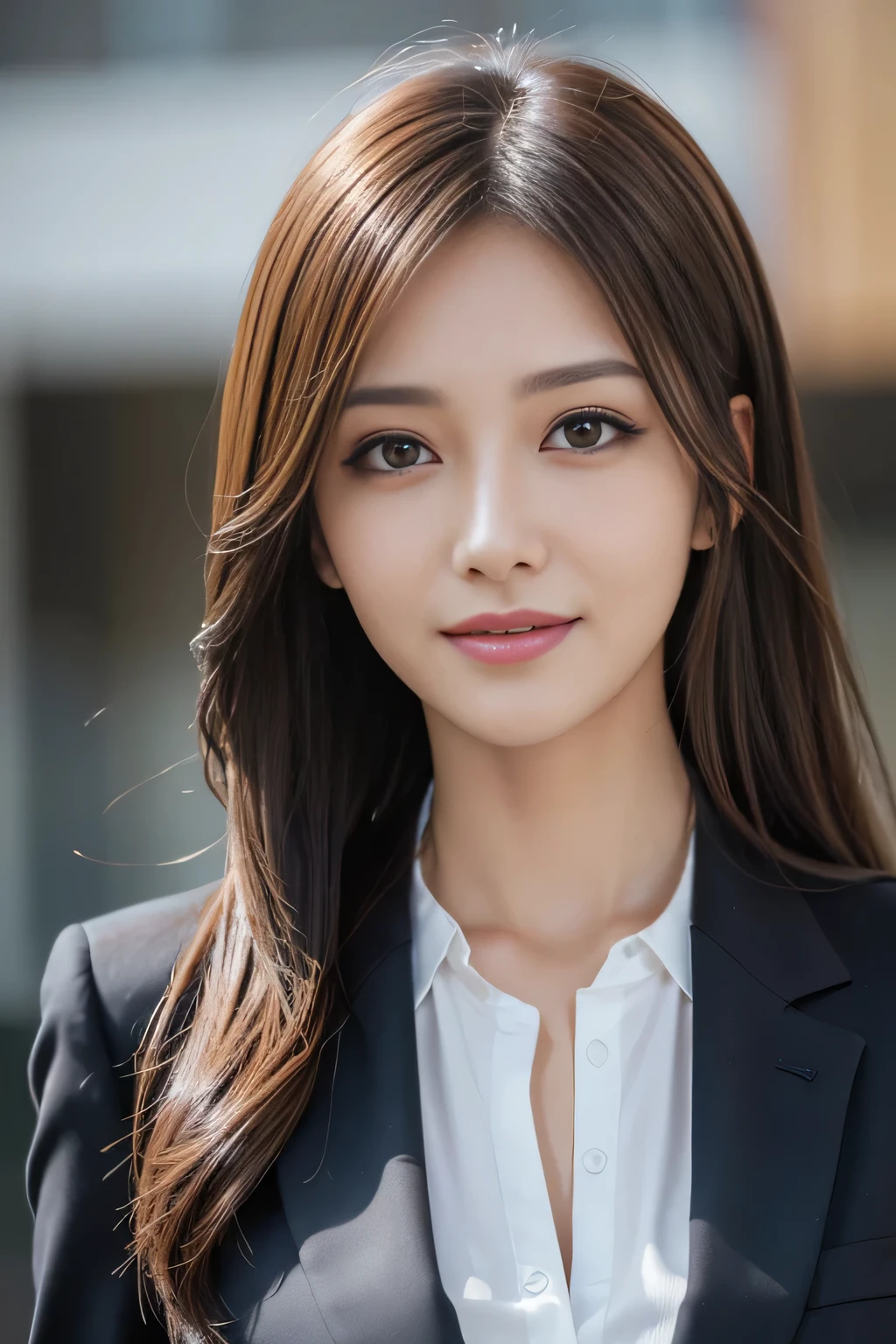 masutepiece, Best Quality, Photorealistic, Ultra-detailed, finely detail, High resolution, 8K Wallpaper, 1 beautiful woman,, light brown messy hair, in a business suit, foco nítido, Perfect dynamic composition, Beautiful detailed eyes, detailed hairs, Detailed realistic skin texture, Smiling, Close-up portrait, Model body type