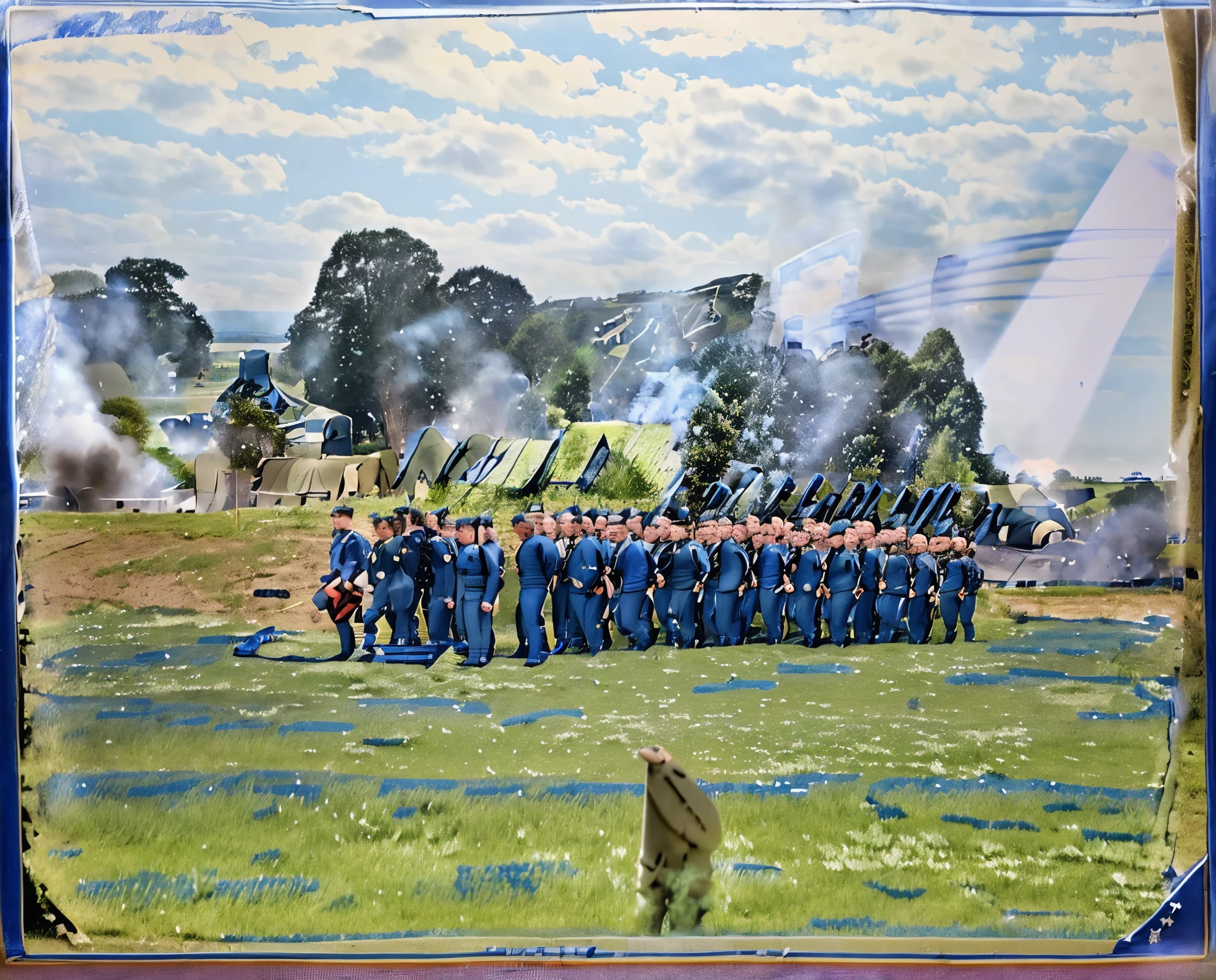 (soldiers in blue uniforms:1.5) stand in a line in a field, historical reenactment, standing on the field of battle, on a battle field, military camp in the background, battlefield scene, house in background, battlefield in background, photograph, american civil war trench battle, soldiers charging in, on the battlefield, preparing for battle, shot, cavalry charge, encampment