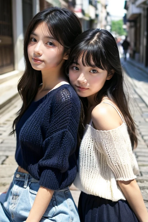 Two beautiful girls wearing summer knits、japanes、ars、look away from the camera、terraces、Spinning、A dark-haired、