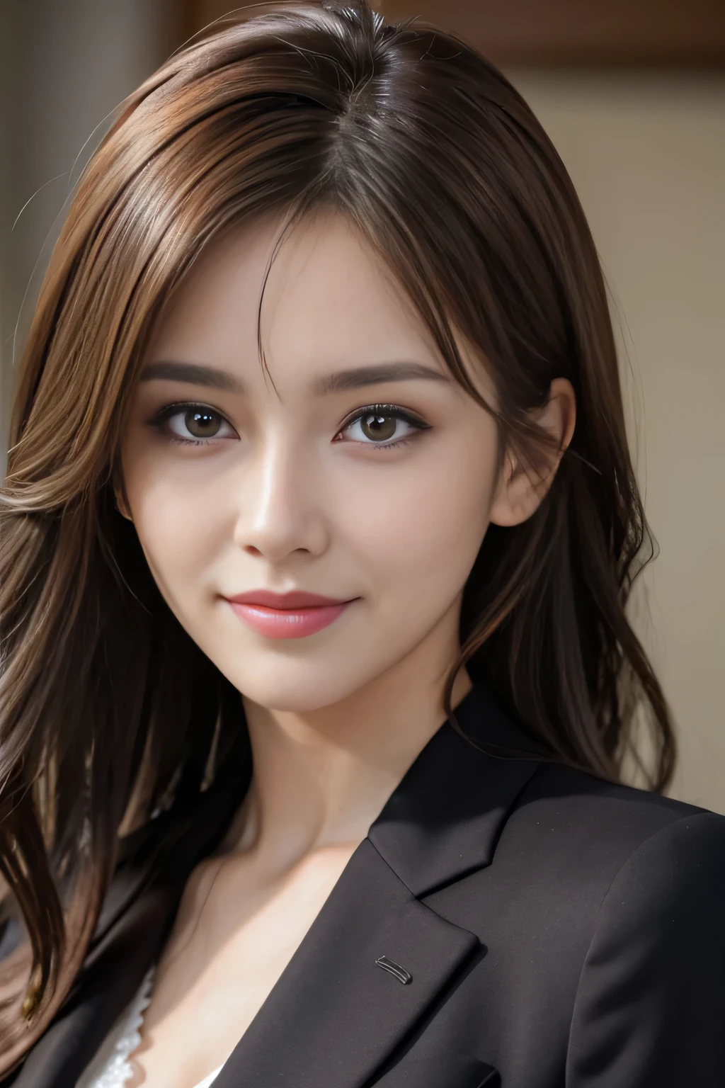 masutepiece, Best Quality, Photorealistic, Ultra-detailed, finely detail, High resolution, 8K Wallpaper, 1 beautiful woman,, light brown messy hair, in a business suit, foco nítido, Perfect dynamic composition, Beautiful detailed eyes, detailed hairs, Detailed realistic skin texture, Smiling, Close-up portrait, Model body type