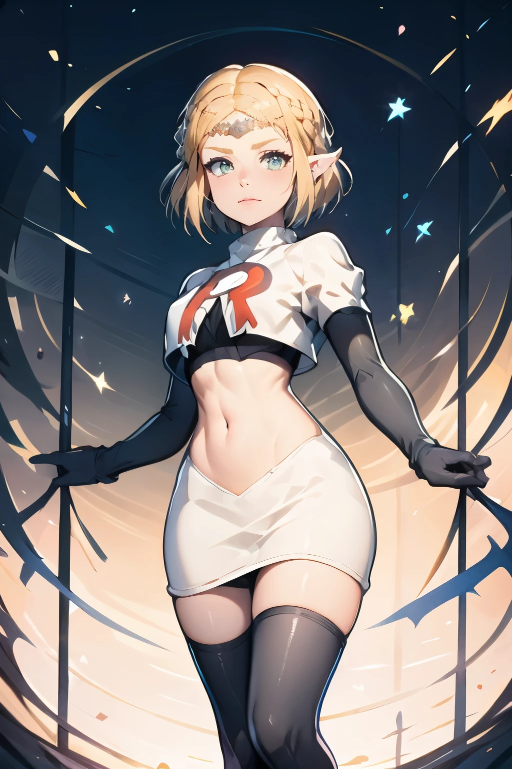 ZeldaTOTK, team rocket,team rocket uniform, red letter R, white skirt,white crop top,black thigh-highs,black elbow gloves, sinister villianess look, hands on hips