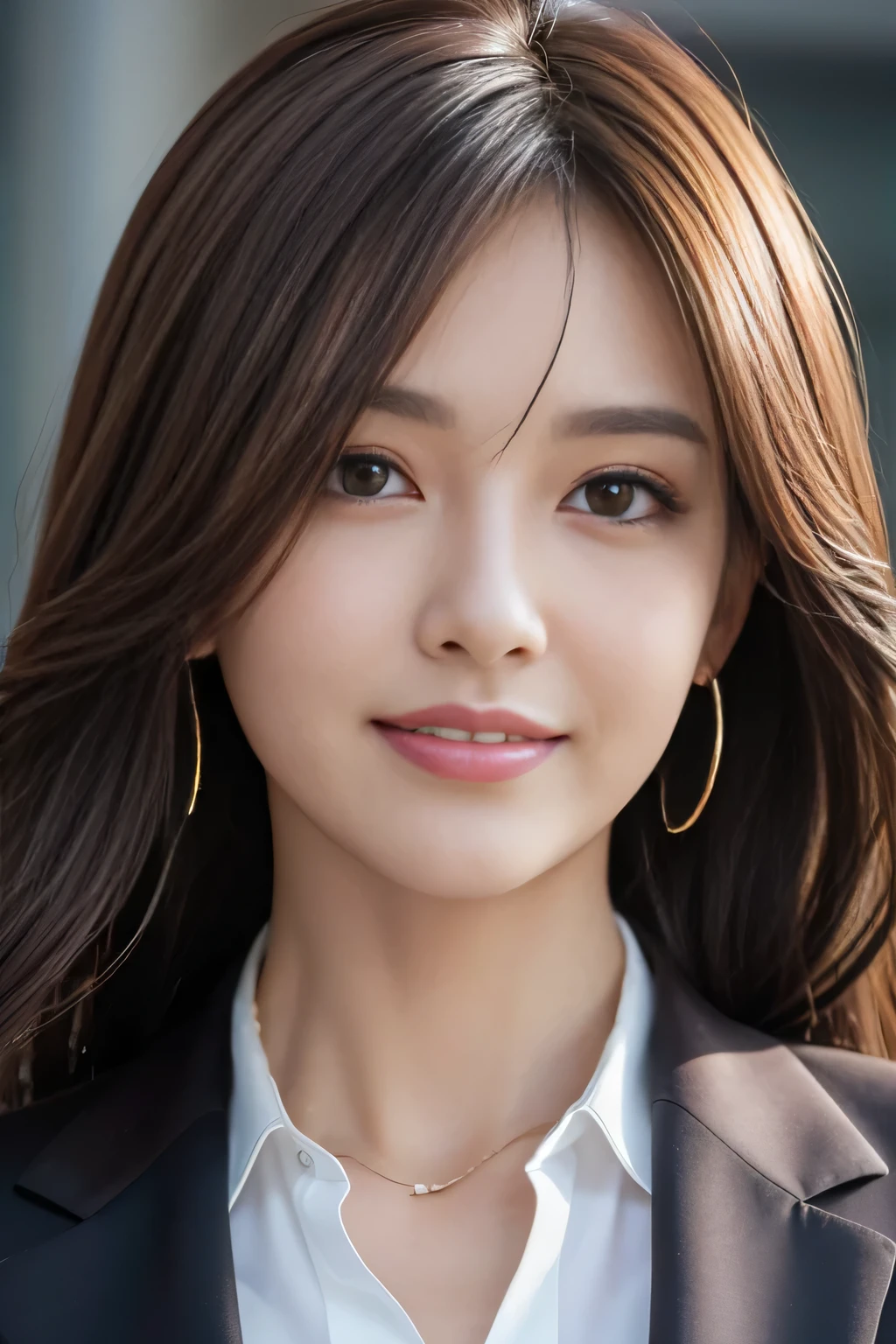 masutepiece, Best Quality, Photorealistic, Ultra-detailed, finely detail, High resolution, 8K Wallpaper, 1 beautiful woman,, light brown messy hair, in a business suit, foco nítido, Perfect dynamic composition, Beautiful detailed eyes, detailed hairs, Detailed realistic skin texture, Smiling, Close-up portrait, Model body type