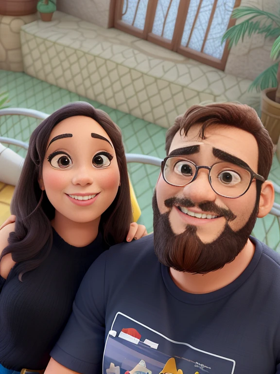 Um casal feliz, on a characteristic Disney background, o homem com a barba cheia, a mulher com a pele mais escura e mais realista