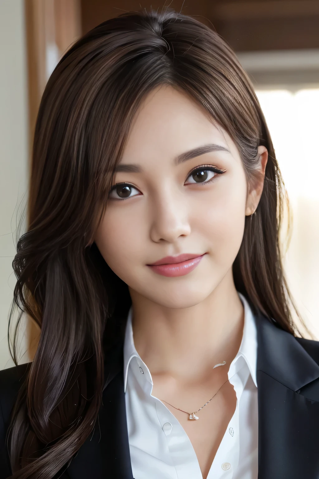 masutepiece, Best Quality, Photorealistic, Ultra-detailed, finely detail, High resolution, 8K Wallpaper, 1 beautiful woman,, light brown messy hair, in a business suit, foco nítido, Perfect dynamic composition, Beautiful detailed eyes, detailed hairs, Detailed realistic skin texture, Smiling, Close-up portrait, Model body type