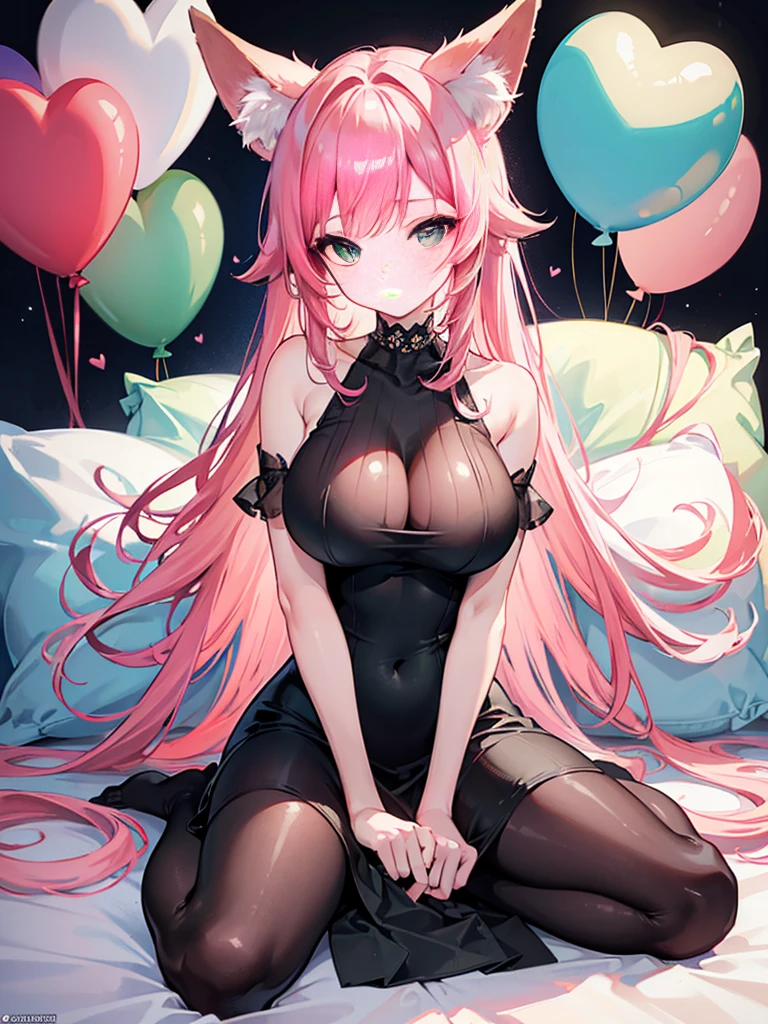 High quality, masterpiece, ultra-detailed, highly detailed outfit, choker, without bra, very tight evening dress, 1girl, solo, peaceful expression, long pink hair, fox ears, enchanting green eyes, ridiculously large breasts, sitting on bed, bedroom, many heart-shaped balloons, large amount of balloons