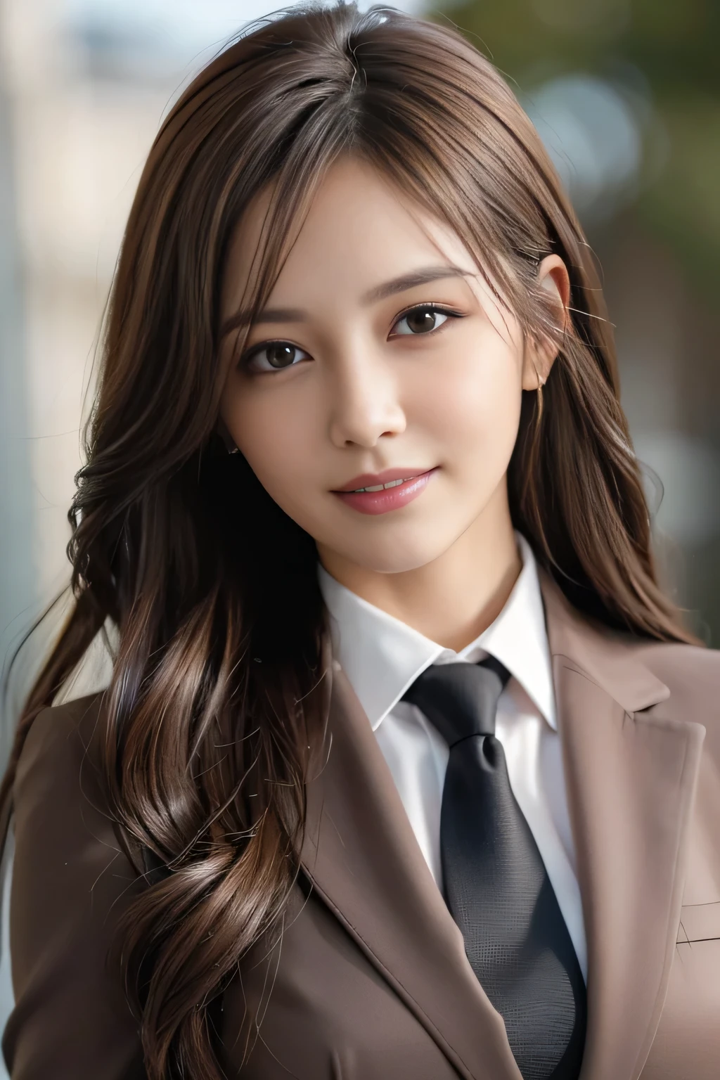 masutepiece, Best Quality, Photorealistic, Ultra-detailed, finely detail, High resolution, 8K Wallpaper, 1 beautiful woman,, light brown messy hair, in a business suit, foco nítido, Perfect dynamic composition, Beautiful detailed eyes, detailed hairs, Detailed realistic skin texture, Smiling, Close-up portrait, Model body type