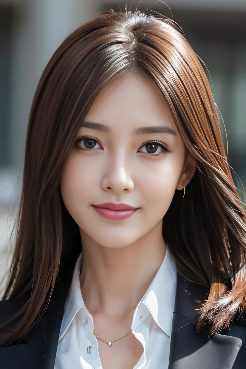 masutepiece, Best Quality, Photorealistic, Ultra-detailed, finely detail, High resolution, 8K Wallpaper, 1 beautiful woman,, light brown messy hair, in a business suit, foco nítido, Perfect dynamic composition, Beautiful detailed eyes, detailed hairs, Detailed realistic skin texture, Smiling, Close-up portrait, Model body type
