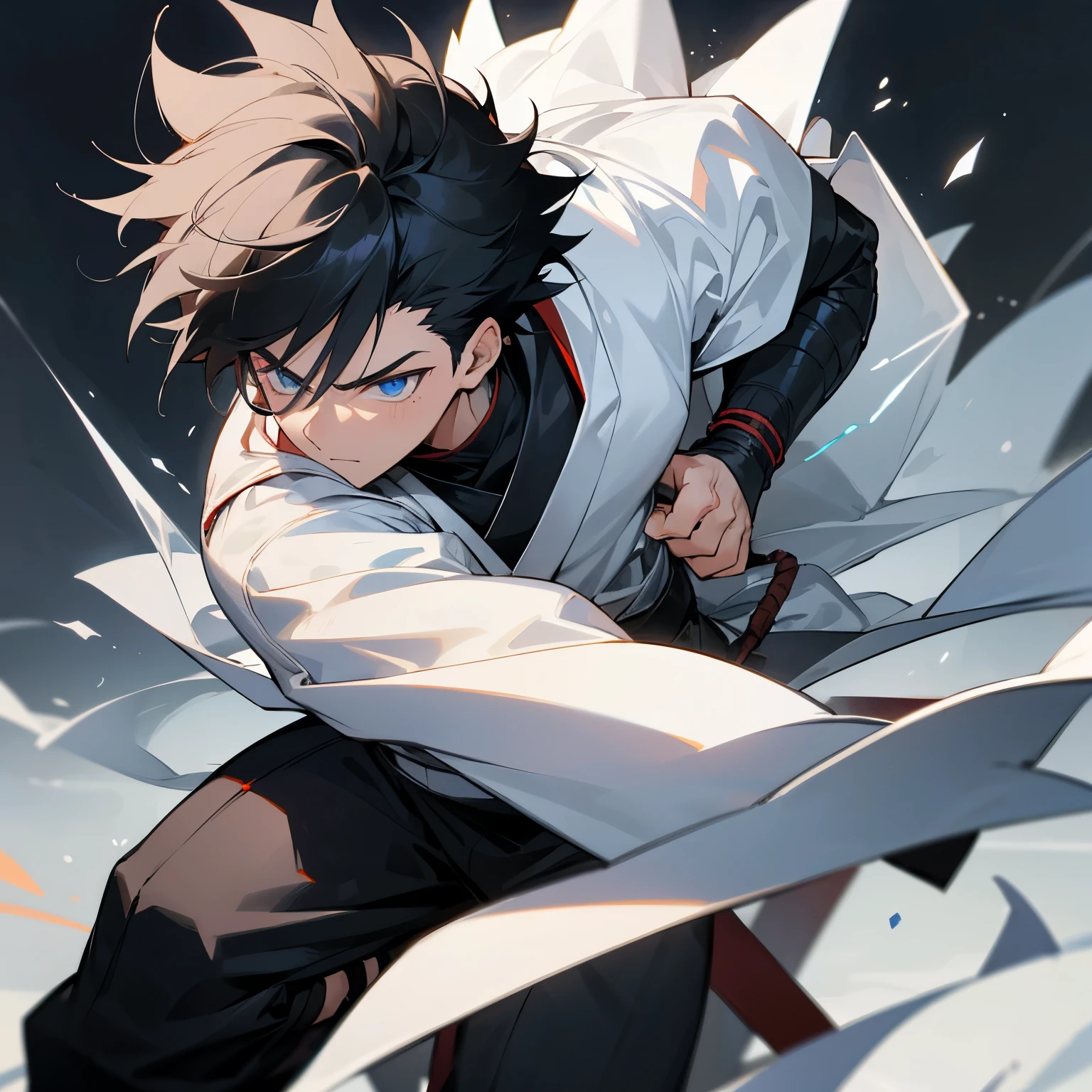 1male , Adult Male , Spiky Messy Black Hair , Blue Eyes , Black Combat Clothing Underneath ,Ninja Clothing ,Muscular,  Confident Expression , Village Temple Background , Young Male , White Haori Warn Over , White Cloak