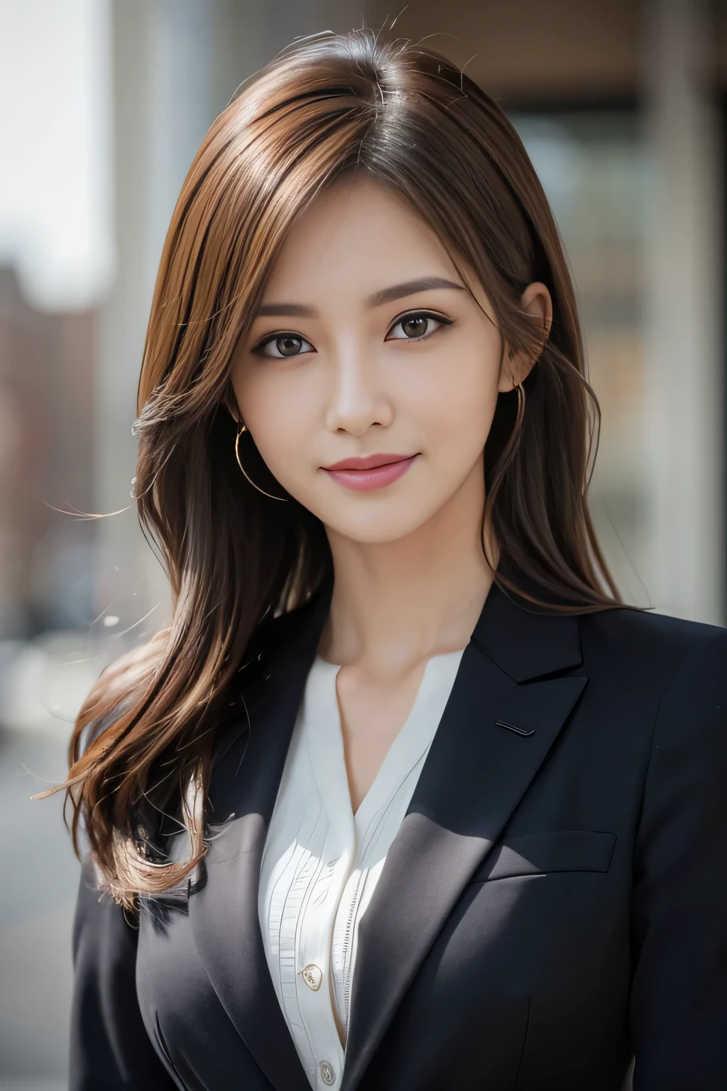 masutepiece, Best Quality, Photorealistic, Ultra-detailed, finely detail, High resolution, 8K Wallpaper, 1 beautiful woman,, light brown messy hair, in a business suit, foco nítido, Perfect dynamic composition, Beautiful detailed eyes, detailed hairs, Detailed realistic skin texture, Smiling, Close-up portrait, Model body type
