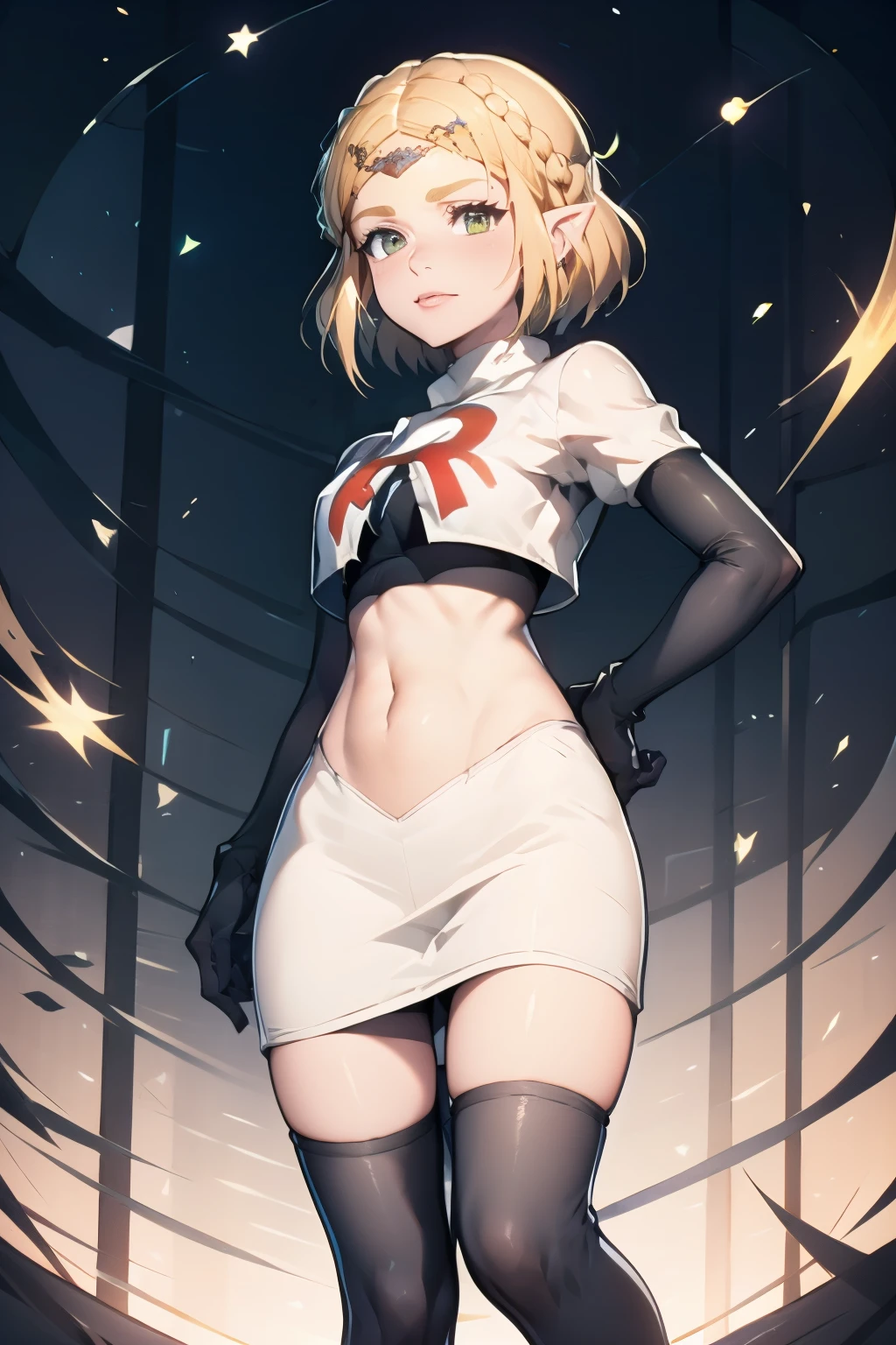 ZeldaTOTK, team rocket,team rocket uniform, red letter R, white skirt,white crop top,black thigh-highs,black elbow gloves, sinister villianess look, hands on hips
