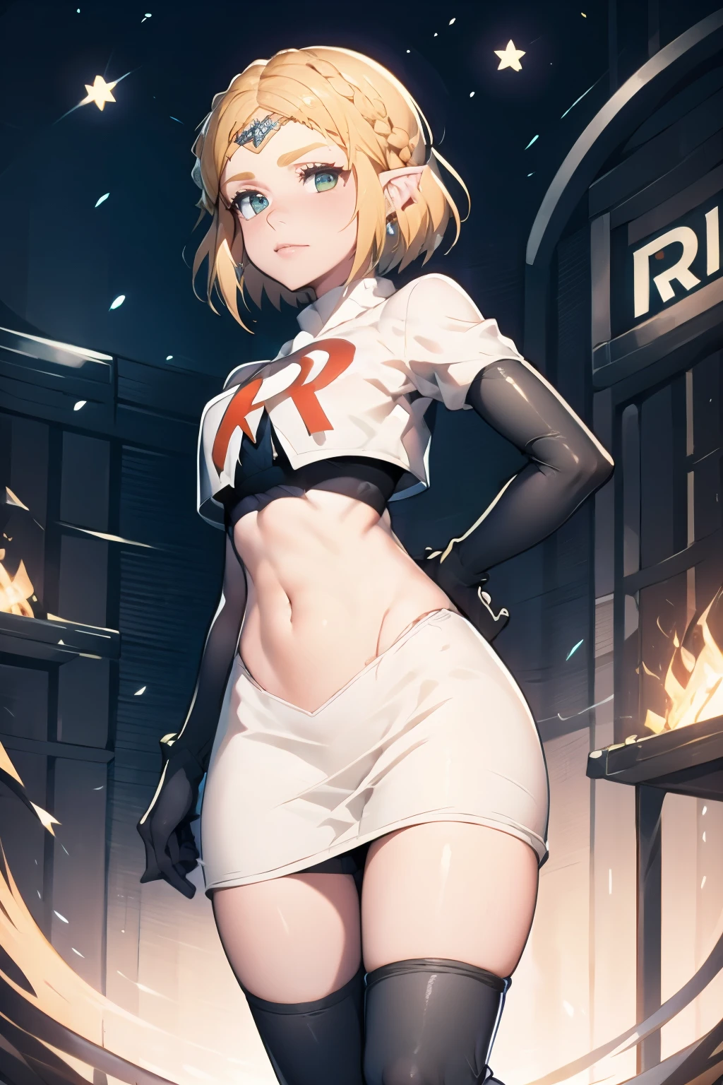 ZeldaTOTK, team rocket,team rocket uniform, red letter R, white skirt,white crop top,black thigh-highs,black elbow gloves, sinister villianess look, hands on hips