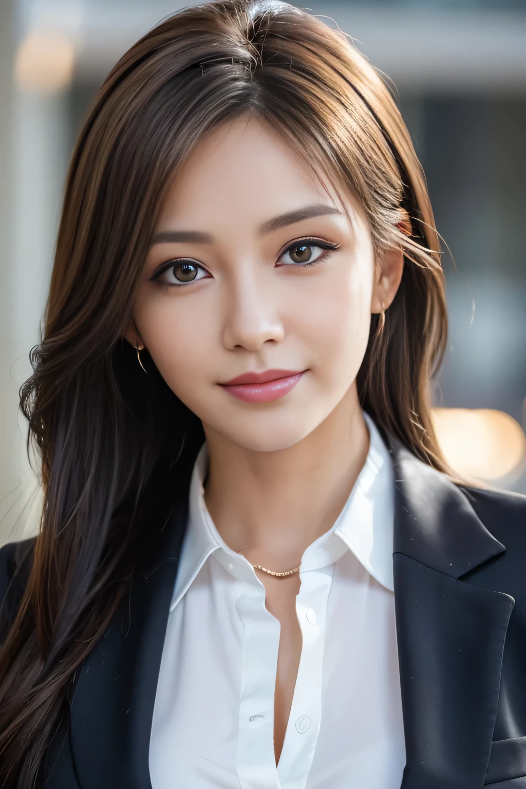 masutepiece, Best Quality, Photorealistic, Ultra-detailed, finely detail, High resolution, 8K Wallpaper, 1 beautiful woman,, light brown messy hair, in a business suit, foco nítido, Perfect dynamic composition, Beautiful detailed eyes, detailed hairs, Detailed realistic skin texture, Smiling, Close-up portrait, Model body type