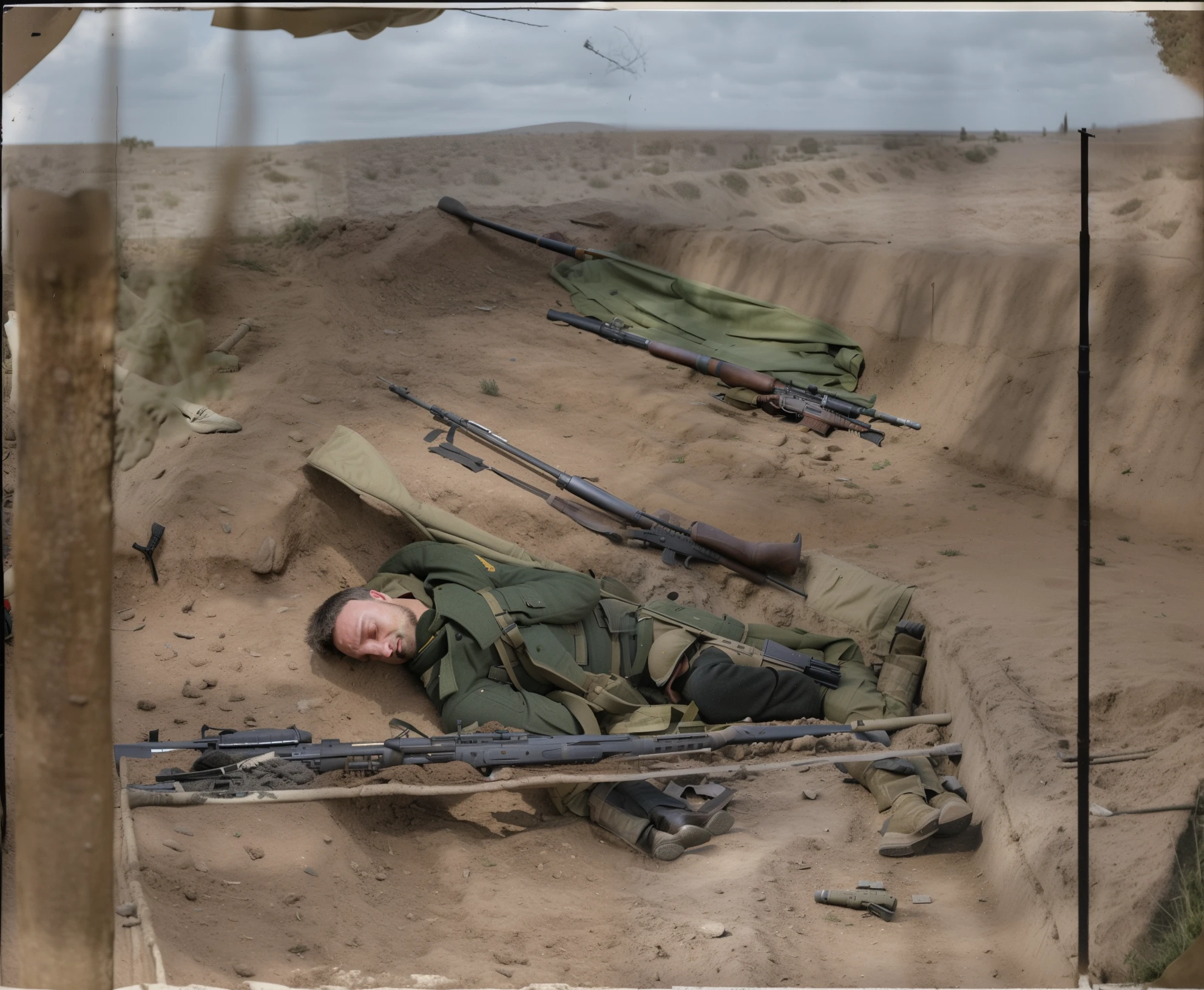 there is a man laying on the ground with a gun, dead soldiers on the battlefield, sergey zabelin, by Alexander Fedosav, ww1 trench, in trenches, ilya kushinov, russian ww 1, dead soldiers, alexey egorov, by Aleksander Gierymski, by Stefan Gierowski, sergey krasovskiy, trenches