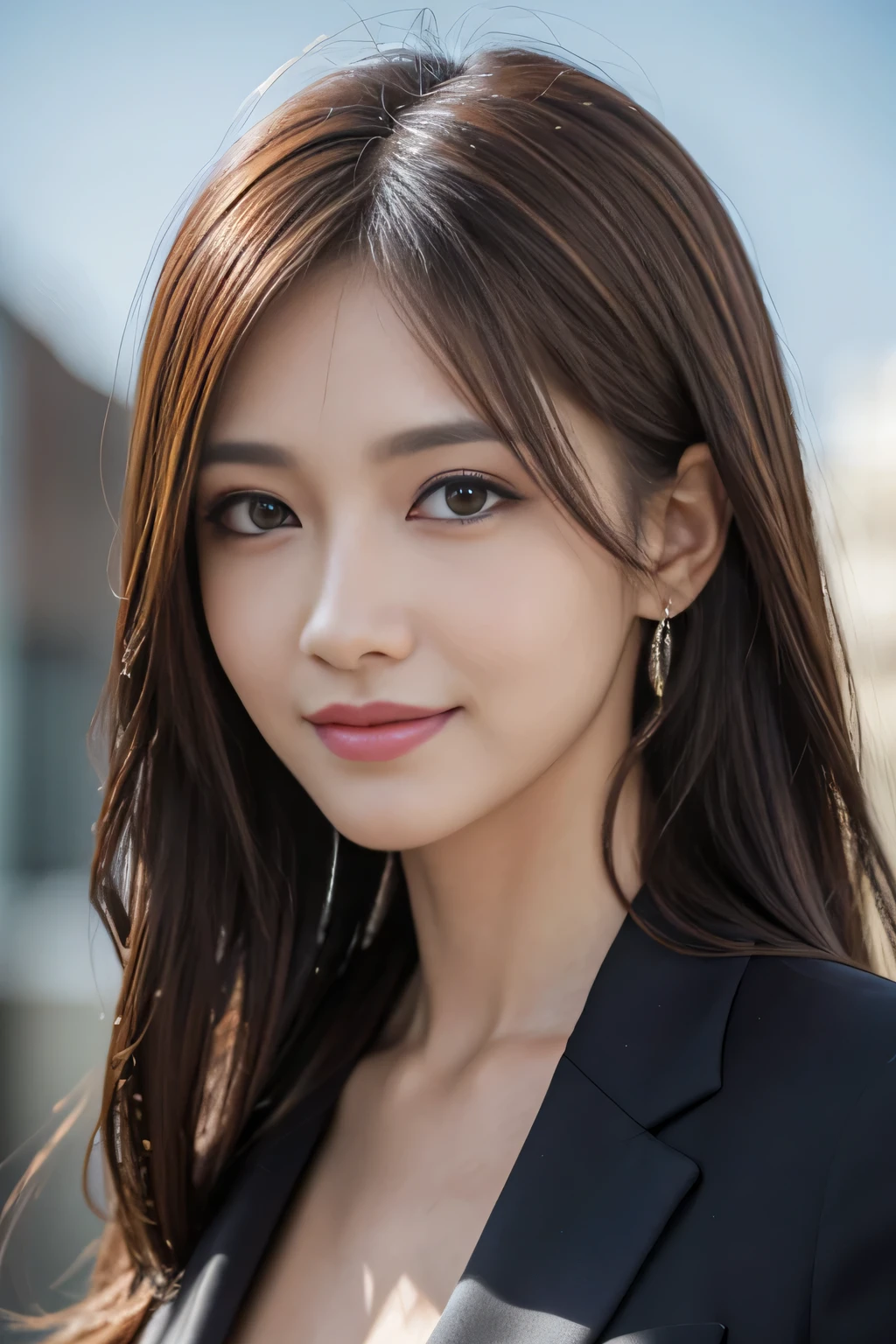 masutepiece, Best Quality, Photorealistic, Ultra-detailed, finely detail, High resolution, 8K Wallpaper, 1 beautiful woman,, light brown messy hair, in a business suit, foco nítido, Perfect dynamic composition, Beautiful detailed eyes, detailed hairs, Detailed realistic skin texture, Smiling, Close-up portrait, Model body type