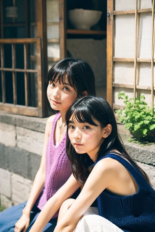 Two beautiful girls wearing summer knits、japanes、14years、look away from the camera、terraces、Spinning、A dark-haired、One person has a short bob、