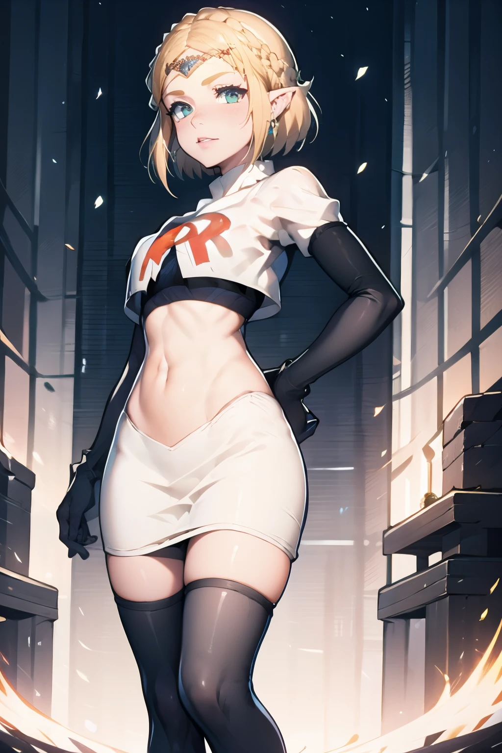 ZeldaTOTK, team rocket,team rocket uniform, red letter R, white skirt,white crop top,black thigh-highs,black elbow gloves, sinister villianess look, hands on hips
