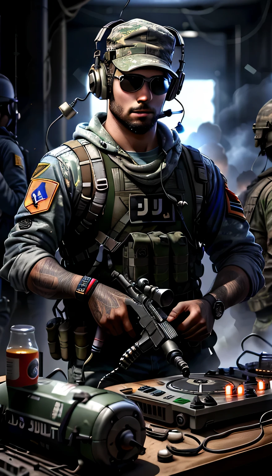 counterattack soldier with bomb in hand and DJ, with a bomb in hand, tocando em uma festa