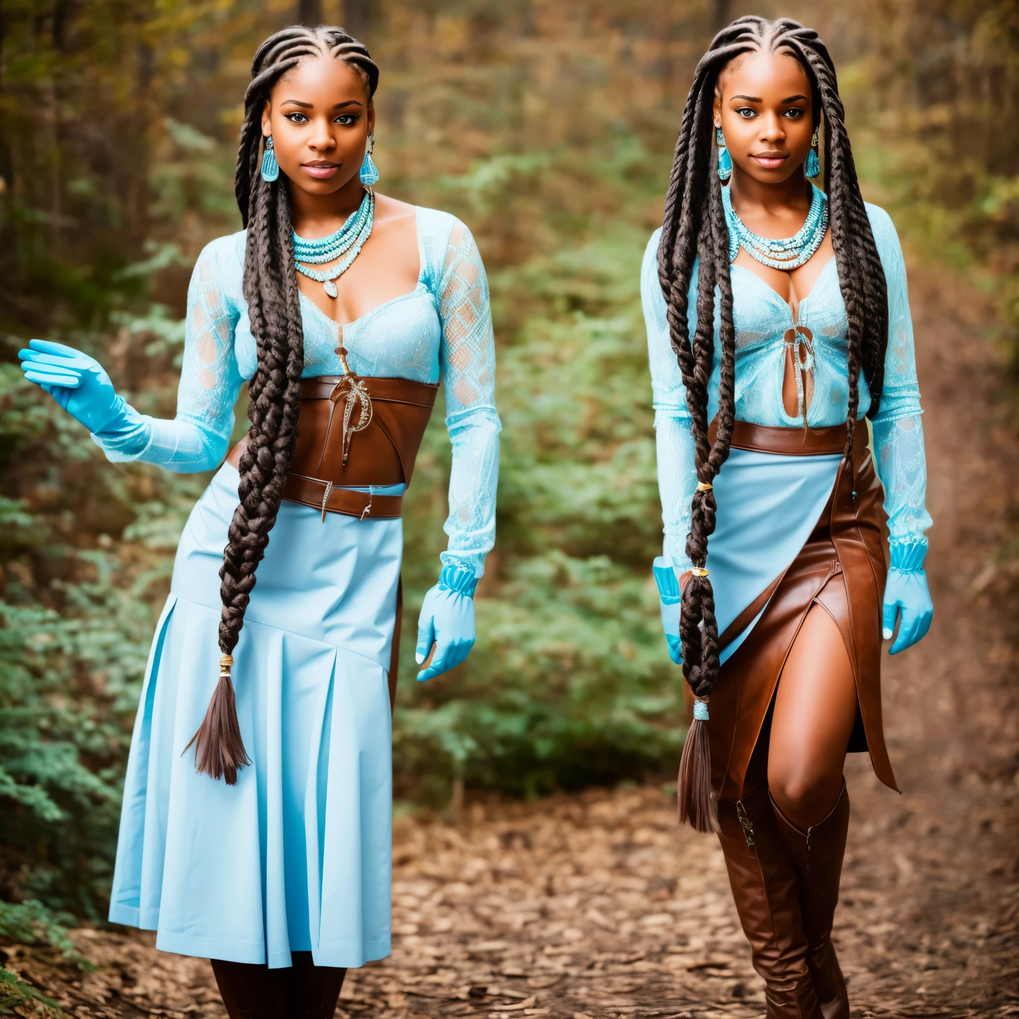 a beautiful woman with two long light blue braids and wearing a brown skirt and gloves