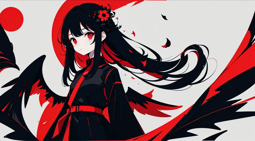 (1girl, black hair, long hair, red eyes, black ????????, black wings, cute, kawaii), (red moon, black flower field), (low contrast, flat color, limited palette)