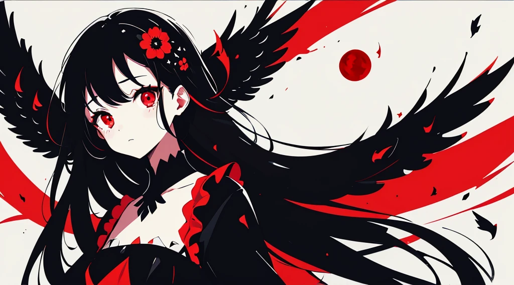 (1girl, black hair, long hair, red eyes, black sundress, black wings, cute, kawaii), (red moon, black flower field), (low contrast, flat color, limited palette)