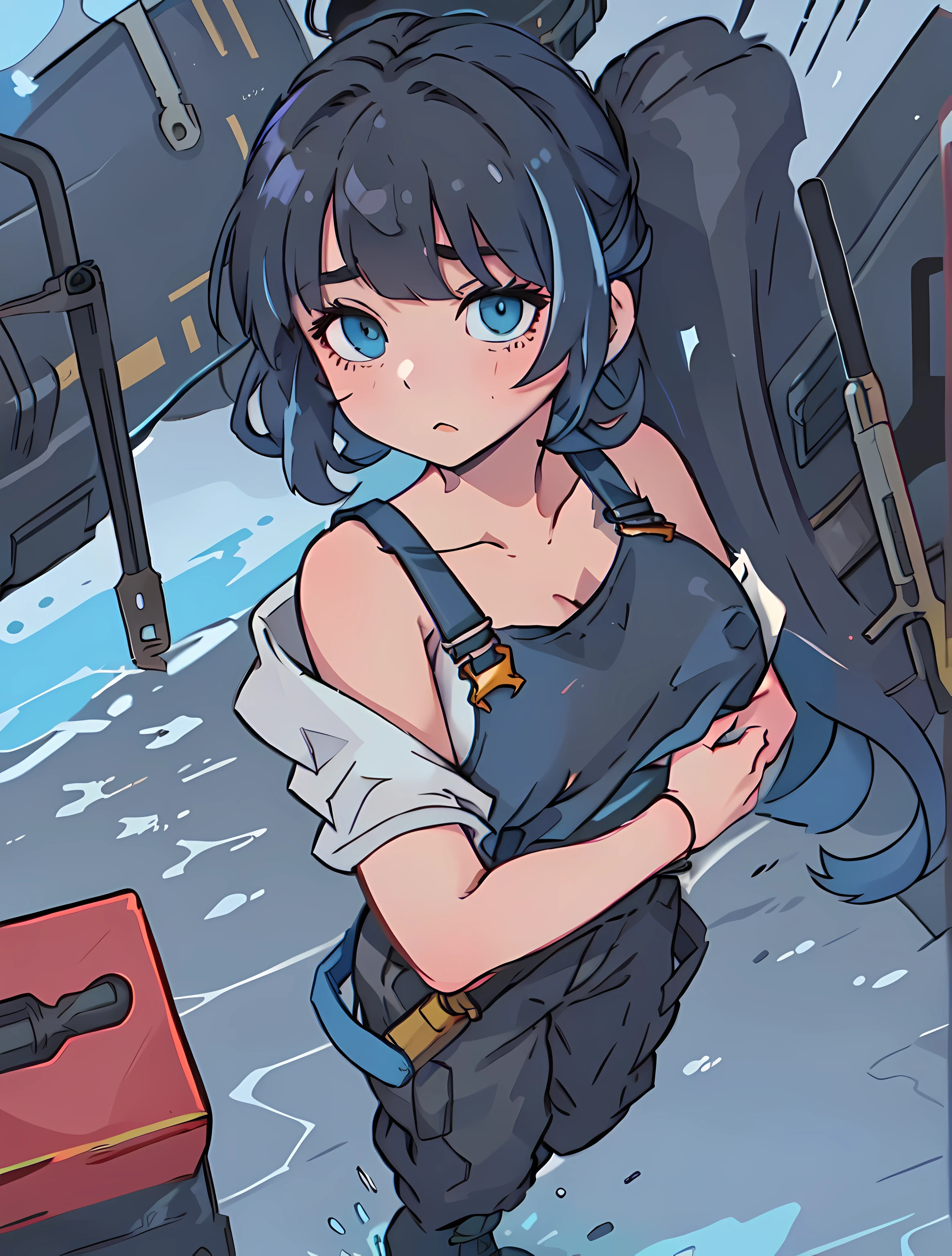 Black medium long hair girl.
The background is a machine factory, Create a heavy industrial atmosphere.
near, have a toolbox, and some scattered tools，por exemplo: wrench、Screwdriver etc....
Pay attention to girls&#39;blue colored eyes, Capture her focused eyes. Girl wearing black tank top and dark overalls.
Highlight her mid-length hair, and depicts her wearing black boots.
Carry Crody bag. There are tools inside.