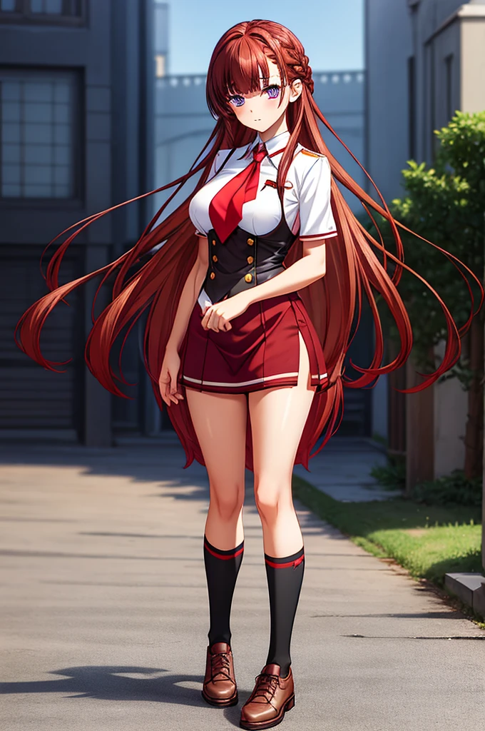 1girl, medium breast, (skinny), long loose hair, light red brown hair, straight hair, french braid, (blunt bangs), hair intakes, long sidelocks, violet eyes, yellow vest, white formal short sleeve shirt, red tie, red skirt with one black stripe, black knee-high socks, brown school shoes, full body