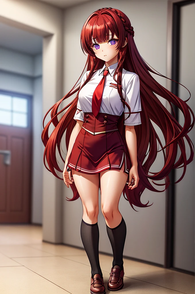 1girl, medium breast, (skinny), long loose hair, light red brown hair, straight hair, french braid, (blunt bangs), hair intakes, long sidelocks, violet eyes, yellow vest, white formal short sleeve shirt, red tie, red skirt with one black stripe, black knee-high socks, brown school shoes, full body