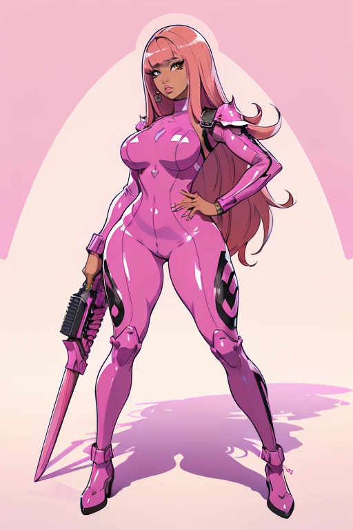 (nicki minaj), (fullbody), curvy, brown skin, long pink hair with bangs, makeup, super detailed, pink jumpsuit holding a purple weapon, chrome outfit, wearing techwear and armor,