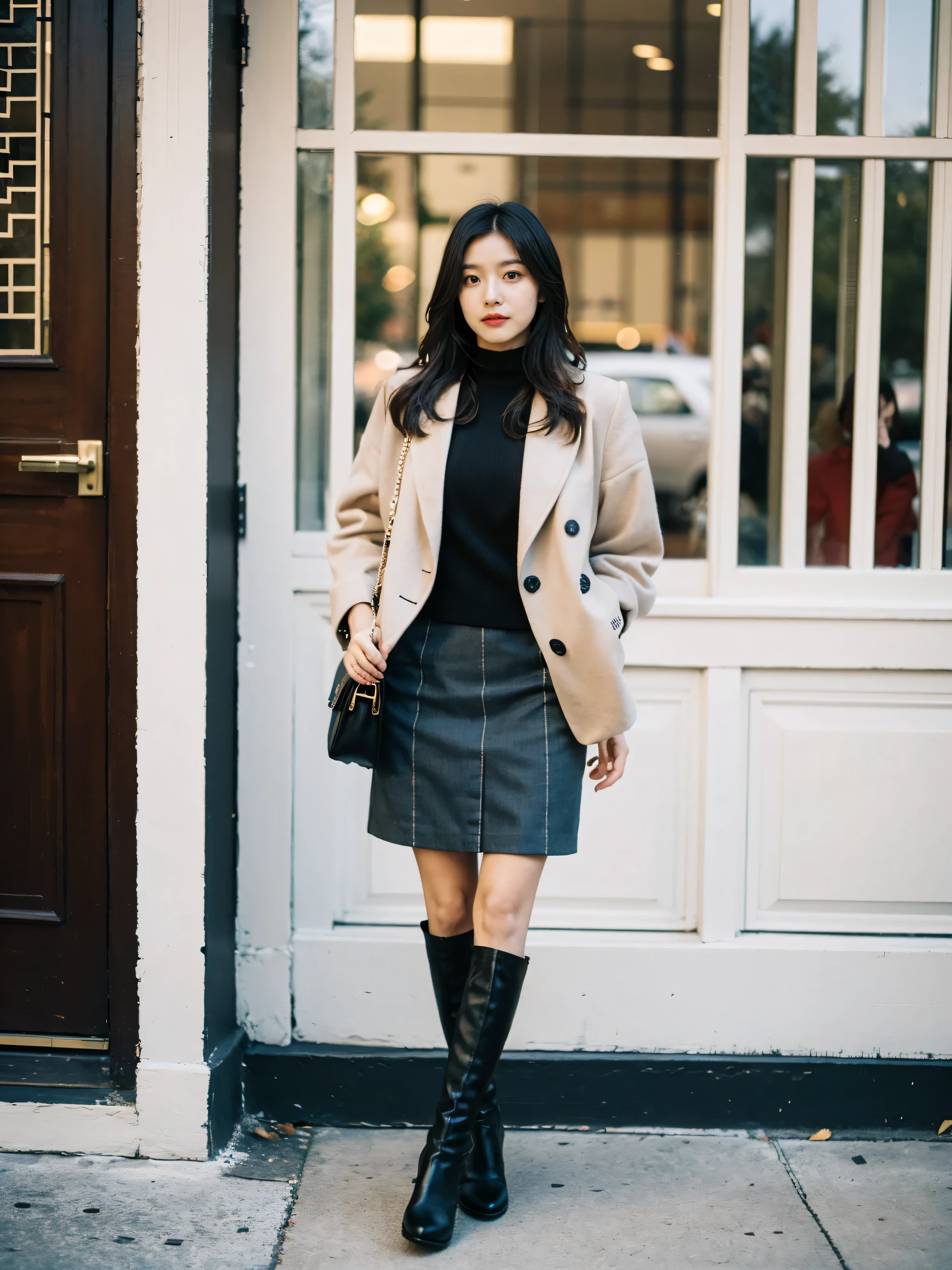 Best quality,tmasterpiece,超高分辨率,(actual:1.4),RAW photos,hyper HD,8K,There is one girl,Stylish clothes,Chanel style,Stylish skinny suit, wearing jacket and skirt,high-class fashion,ellegance, short skirt and a long jacket, tigh-high boots,Over-the-knee boots,Casual pose,legs long