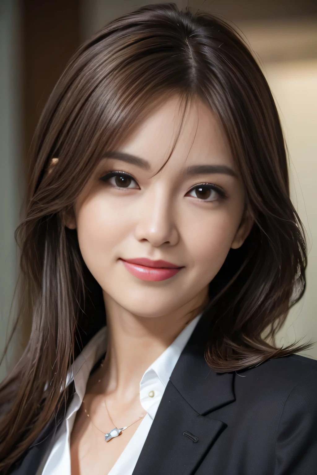 masutepiece, Best Quality, Photorealistic, Ultra-detailed, finely detail, High resolution, 8K Wallpaper, 1 beautiful woman,, light brown messy hair, in a business suit, foco nítido, Perfect dynamic composition, Beautiful detailed eyes, detailed hairs, Detailed realistic skin texture, Smiling, Close-up portrait, Model body type