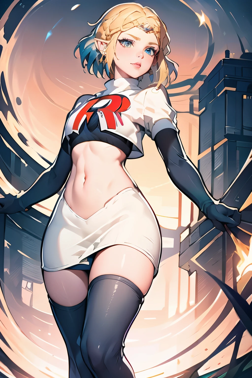 (best quality,4k,8k,highres,masterpiece:1.2),ultra-detailed,realistic, HDR, UHD, professional, vivid colors, bokeh, portraits, ZeldaTOTK, team rocket, team rocket uniform, red letter R, white skirt, white crop top, black thigh-highs, black elbow gloves, sinister villainess look,