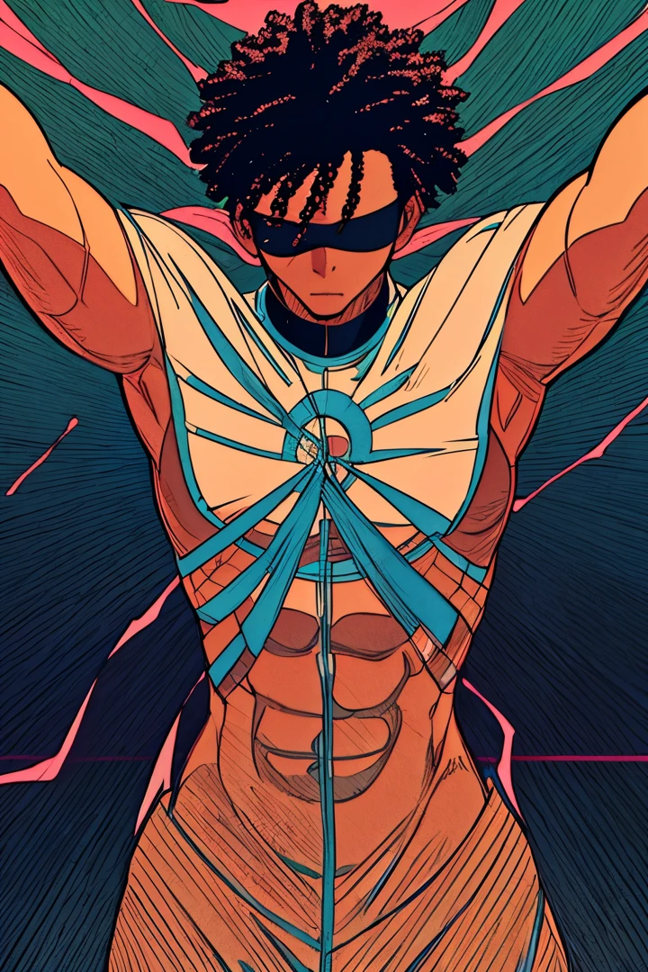 Create a visually compelling and evocative artistic representation of a Black man wearing a blindfold, capturing the essence of strength, resilience, and introspection through your unique artistic lens.